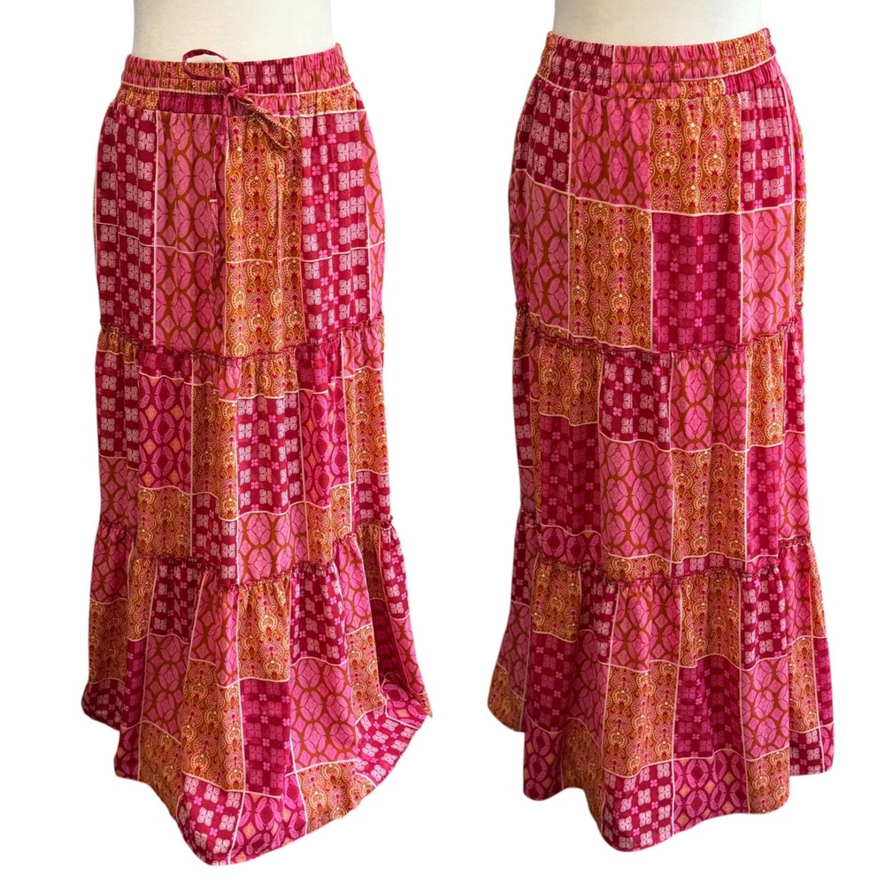 Womens M Maxi Skirt Boho Tiered Patchwork Feminine Drawstring Pockets Hippie